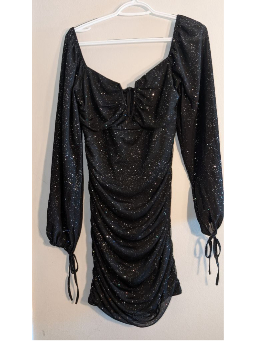 Black Silver Sparkle Long Sleeve Ruched Dress Large